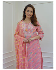 Blush Pink Leheriya Rayon Kurta Set With Dupatta