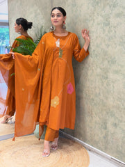 Orange embroidered Anarkali 3pc set