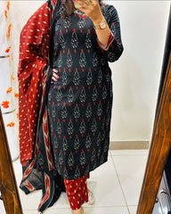 Black Ikat Cotton Kurta Set With Dupatta