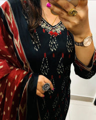 Black Ikat Cotton Kurta Set With Dupatta