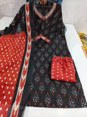 Black Ikat Cotton Kurta Set With Dupatta
