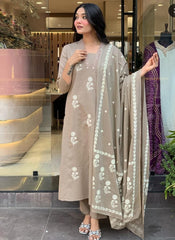 Cotton Beige Discharge Print Kurta 3pc set