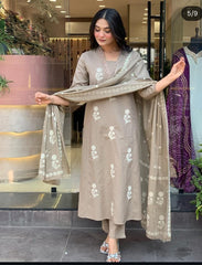 Cotton Beige Discharge Print Kurta 3pc set