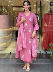 Cotton Pink Discharge Print Kurta 3pc set