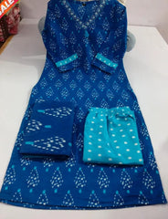 Blue Ikat Cotton Kurta Set With Dupatta