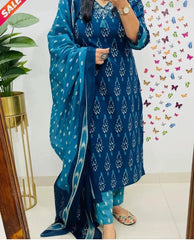 Blue Ikat Cotton Kurta Set With Dupatta
