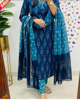 Blue Ikat Cotton Kurta Set With Dupatta