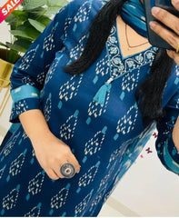 Blue Ikat Cotton Kurta Set With Dupatta