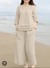 Pure Cotton Round Neck Tunic & Trousers Co-Ord Set- Beige