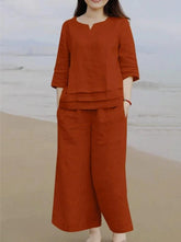 Pure Cotton Round Neck Tunic & Trousers Co-Ord Set- Brown
