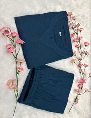 Pure Cotton Round Neck Tunic & Trousers Co-Ord Set- Blue
