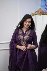 Purple Embroidered Cotton Kurta Set With Mulmul Dupatta