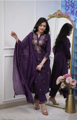 Purple Embroidered Cotton Kurta Set With Mulmul Dupatta