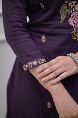 Purple Embroidered Cotton Kurta Set With Mulmul Dupatta