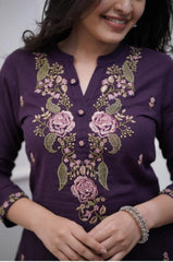 Purple Embroidered Cotton Kurta Set With Mulmul Dupatta