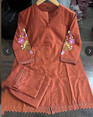 Embroidered Orange Cotton Co-Ord Set