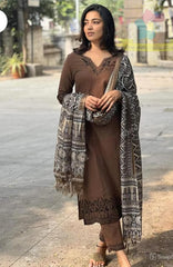 Coffee Brown Cotton Embroidered Kurta 3pc Set