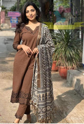 Coffee Brown Cotton Embroidered Kurta 3pc Set