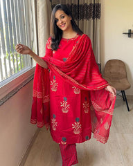 Red Cotton Printed Kurta Pant Set with Dupatta