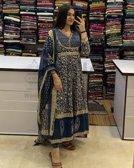 Cotton Blue Anarkali Set With Dupatta