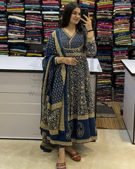 Cotton Blue Anarkali Set With Dupatta