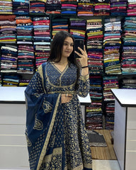 Cotton Blue Anarkali Set With Dupatta