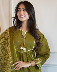 Green Cotton Aline Kurta Set With Dupatta
