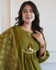 Green Cotton Aline Kurta Set With Dupatta