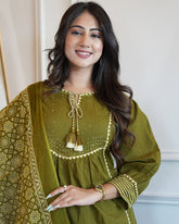 Green Cotton Aline Kurta Set With Dupatta