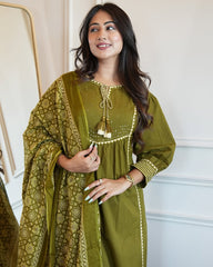 Green Cotton Aline Kurta Set With Dupatta