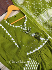 Green Cotton Aline Kurta Set With Dupatta
