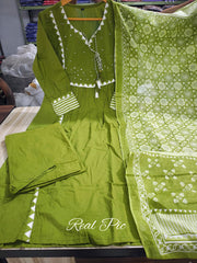 Green Cotton Aline Kurta Set With Dupatta