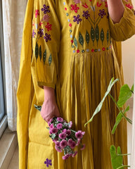 Yellow Embroidered Cotton Anarkali 3pc Set