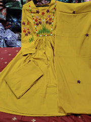 Yellow Embroidered Cotton Anarkali 3pc Set