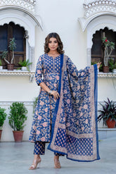 Blue Cotton Embroidered Anarkali Set