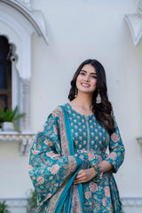 Rama Green Cotton Embroidered Anarkali Set