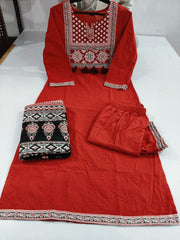 Women Red Cotton 3pc Kurta Set