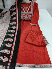 Women Red Cotton 3pc Kurta Set