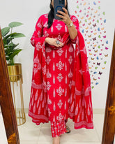 Red Embroidered Cotton 3pc Kurta Set