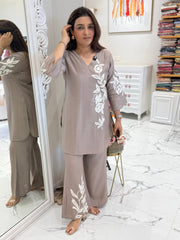 Beige Cotton Embroidered Co-Ord Set