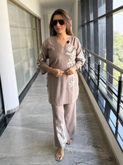 Beige Cotton Embroidered Co-Ord Set