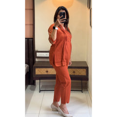 Floral Embroidered Orange Cotton Co-Ord Set