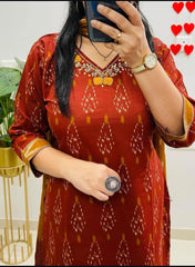 Red & Mustard Ikat Cotton Kurta Set With Dupatta