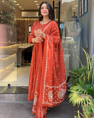 Rust Peacock Embroidered Anarkali Set