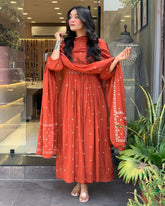 Rust Peacock Embroidered Anarkali Set