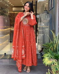 Rust Peacock Embroidered Anarkali Set