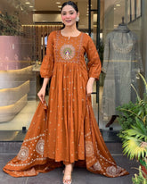 Rust Orange Peacock Embroidered Anarkali Set