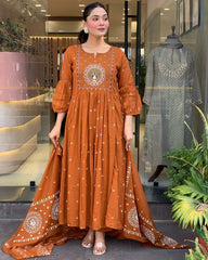 Rust Orange Peacock Embroidered Anarkali Set