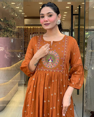 Rust Orange Peacock Embroidered Anarkali Set