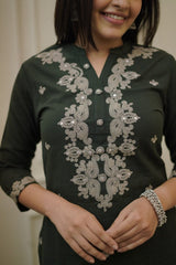 Green Embroidered Cotton Kurta Set With Mulmul Dupatta